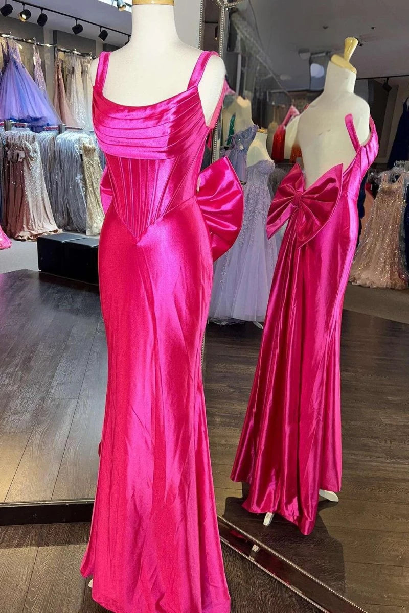 Fuchsia Straps Satin Mermaid Formal Gown with Bow Floor-length Backless Evening Dresses Evening Dresses Prom Dress