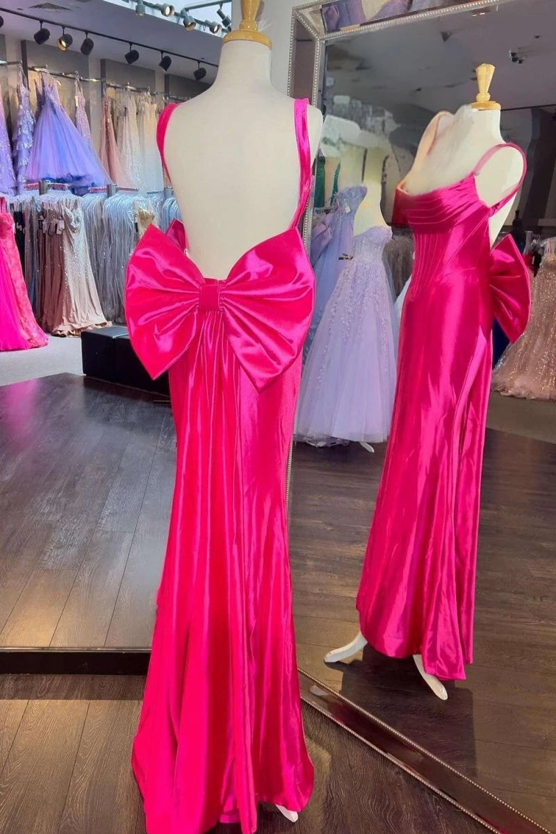 Fuchsia Straps Satin Mermaid Formal Gown with Bow Floor-length Backless Evening Dresses Evening Dresses Prom Dress