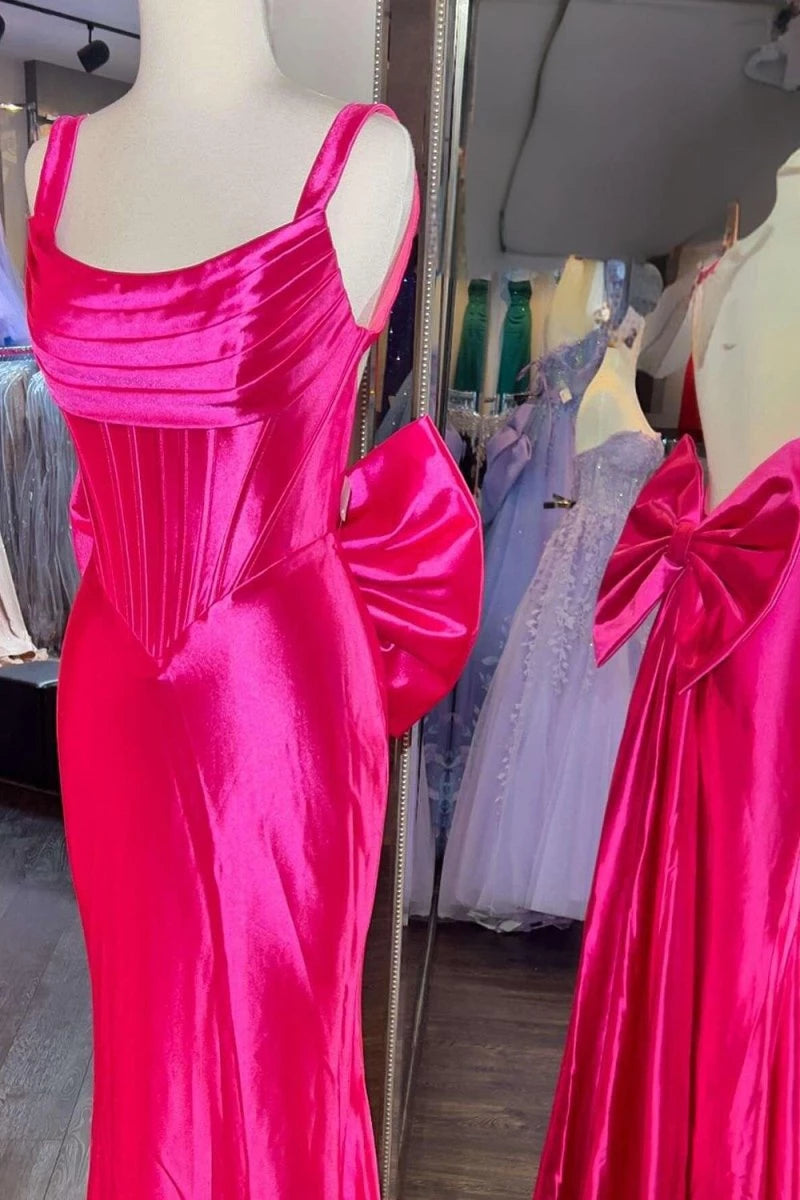 Fuchsia Straps Satin Mermaid Formal Gown with Bow Floor-length Backless Evening Dresses Evening Dresses Prom Dress