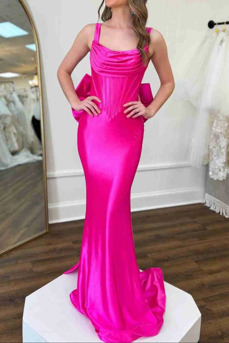 Fuchsia Straps Satin Mermaid Formal Gown with Bow Floor-length Backless Evening Dresses Evening Dresses Prom Dress