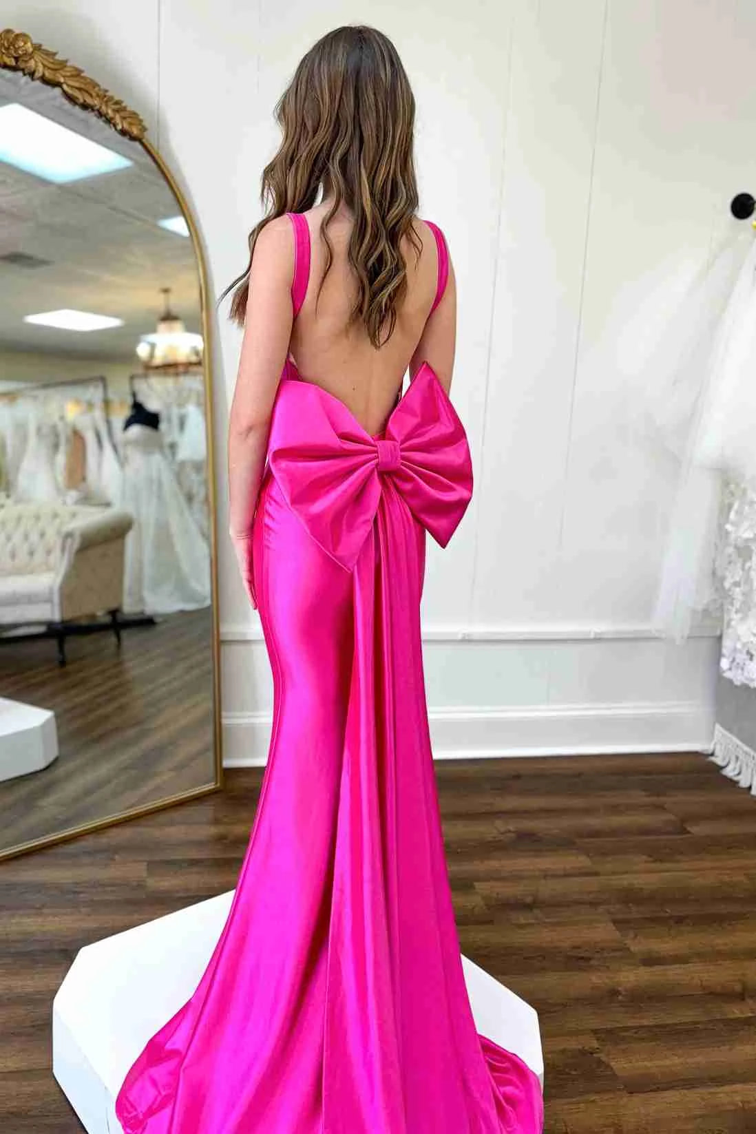 Fuchsia Straps Satin Mermaid Formal Gown with Bow Floor-length Backless Evening Dresses Evening Dresses Prom Dress