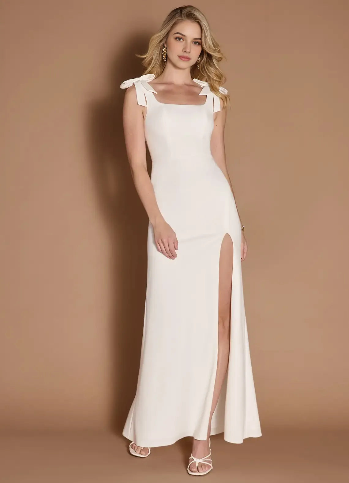 Gentle Trumpet Square Neck Bow Shoulder Open Back Floor Length For Adults Prom Dress
