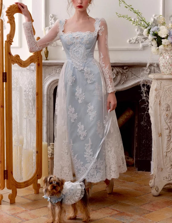 Gentle Baby Blue Satin White Lace Long Sleeve Floor length Prom Dress Cocktail Dress Homecoming Dress Evening Dress