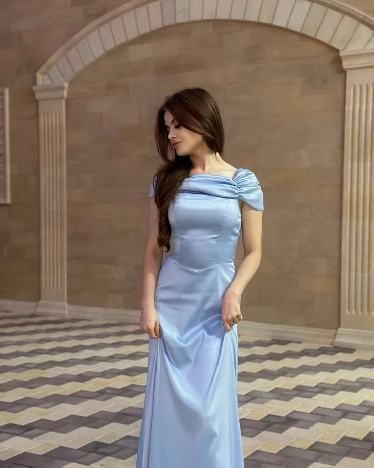 Gentle Blue Mermaid Satin Floor length Off-the-shoulder Sleeveless Prom Dress Cocktail Dress Homecoming Dress Evening Dress Party Dress