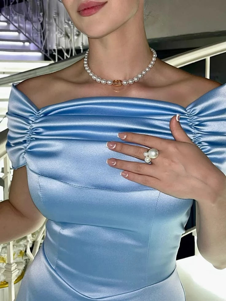 Gentle Blue Mermaid Satin Floor length Off-the-shoulder Sleeveless Prom Dress Cocktail Dress Homecoming Dress Evening Dress Party Dress