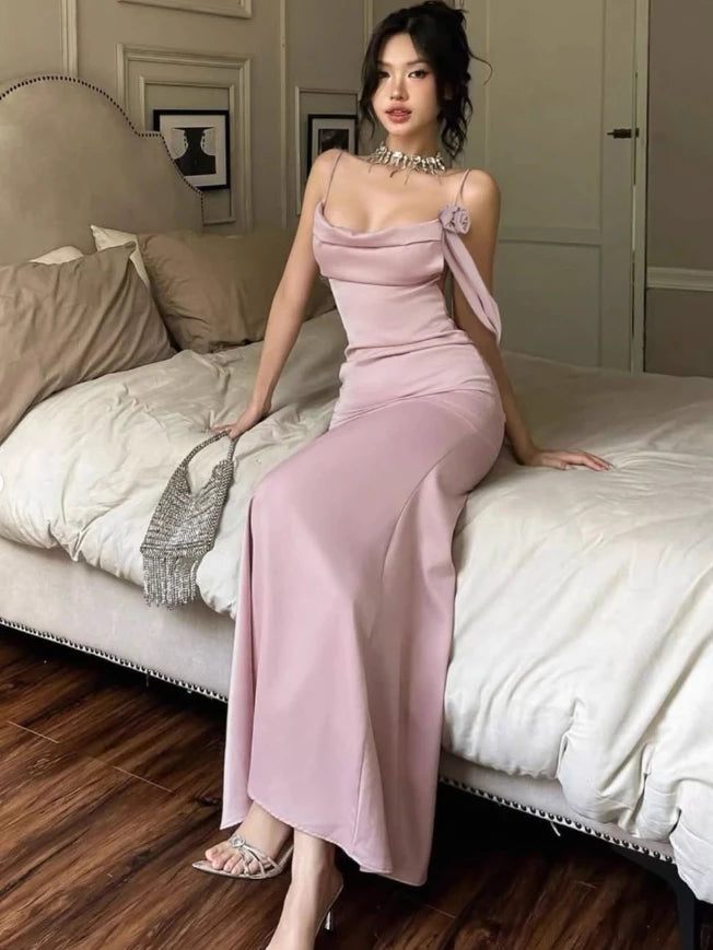 Gentle Mermaid Spaghetti Straps Pink Satin Floor length Off-the-shoulder Sleeveless Prom Dress Cocktail Dress Homecoming Dress Evening Dress Party Dress