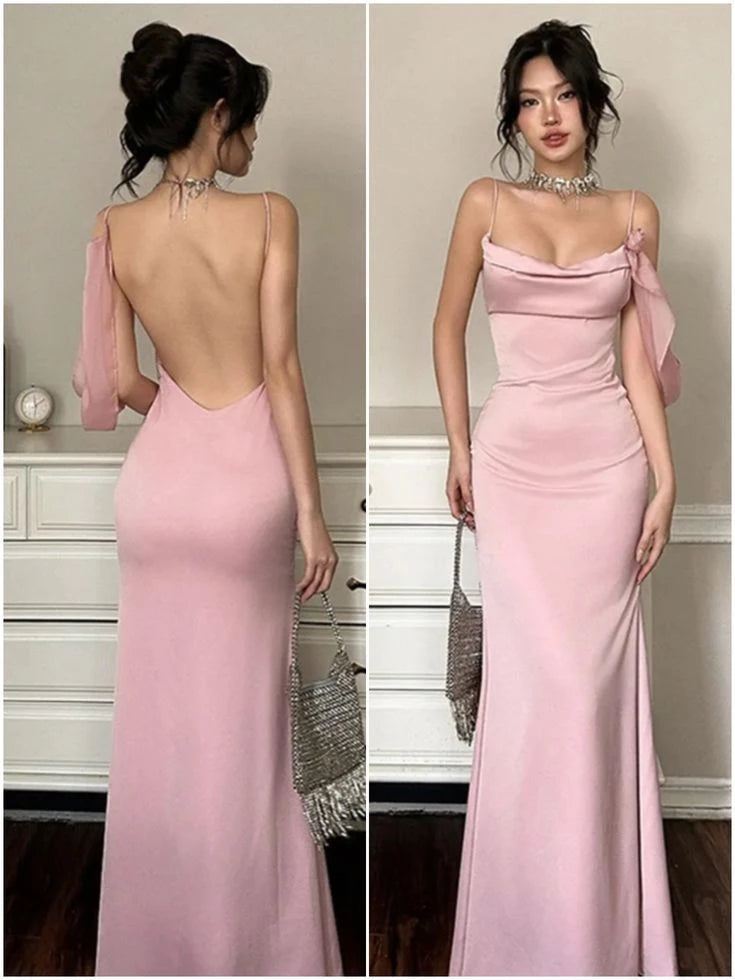 Gentle Mermaid Spaghetti Straps Pink Satin Floor length Off-the-shoulder Sleeveless Prom Dress Cocktail Dress Homecoming Dress Evening Dress Party Dress