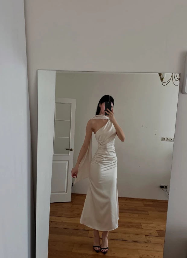 Gentle Simple Mermaid Light Apricot Satin Long Sleeveless Off-the-shoulder Prom Dress Cocktail Dress Homecoming Dress Evening Dress