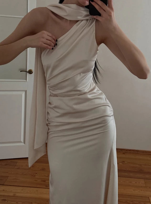 Gentle Simple Mermaid Light Apricot Satin Long Sleeveless Off-the-shoulder Prom Dress Cocktail Dress Homecoming Dress Evening Dress