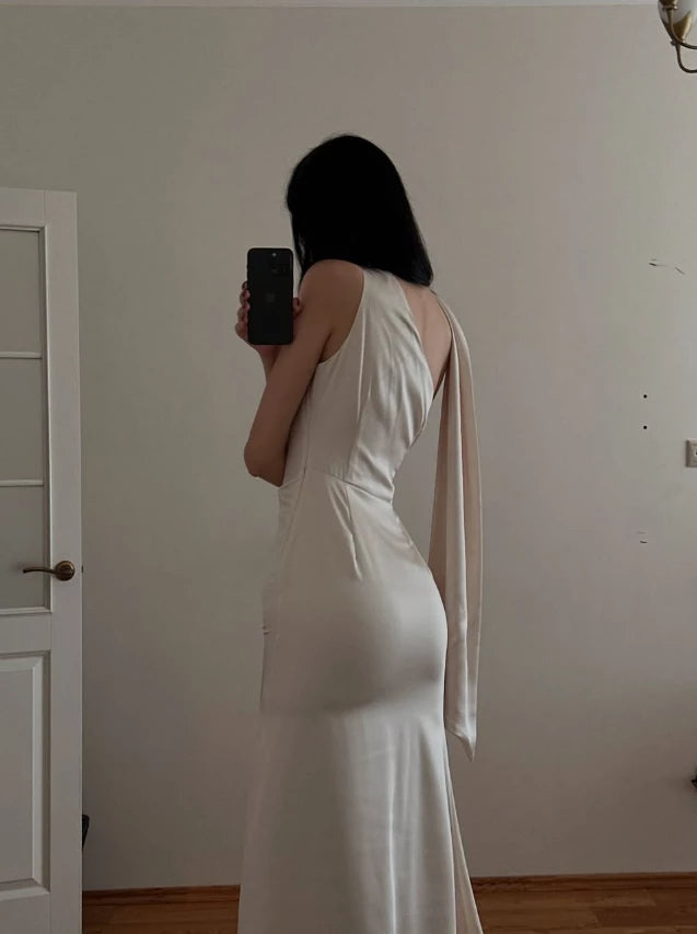 Gentle Simple Mermaid Light Apricot Satin Long Sleeveless Off-the-shoulder Prom Dress Cocktail Dress Homecoming Dress Evening Dress