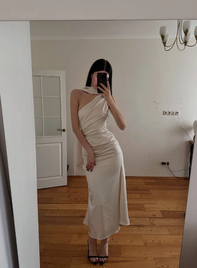 Gentle Simple Mermaid Light Apricot Satin Long Sleeveless Off-the-shoulder Prom Dress Cocktail Dress Homecoming Dress Evening Dress