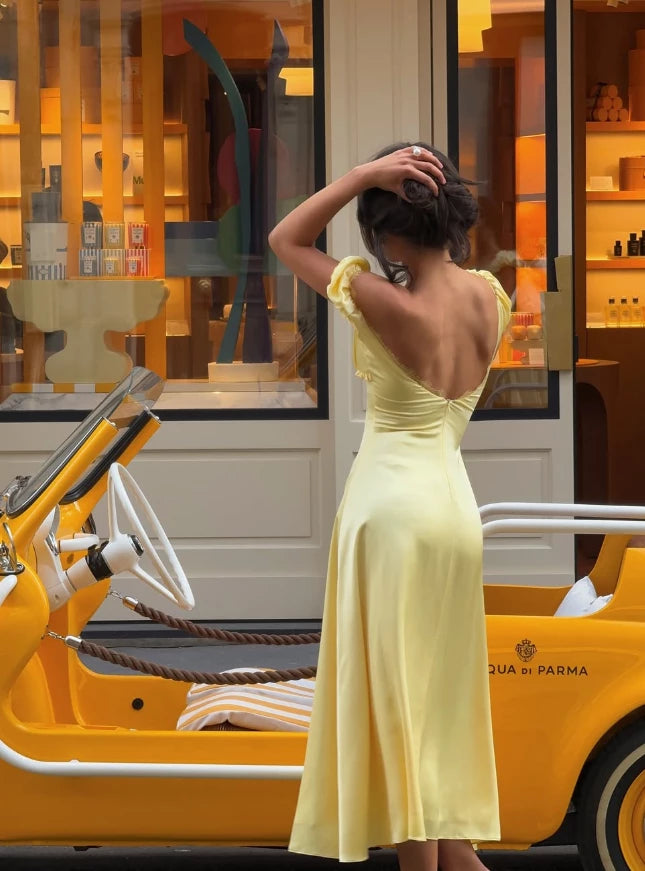 Gentle Yellow A Line Puff Lace Satin Floor length  Backless Off-the-shoulder Sleeveless Prom Dress Cocktail Dress Homecoming Dress Evening Dress Party Dress