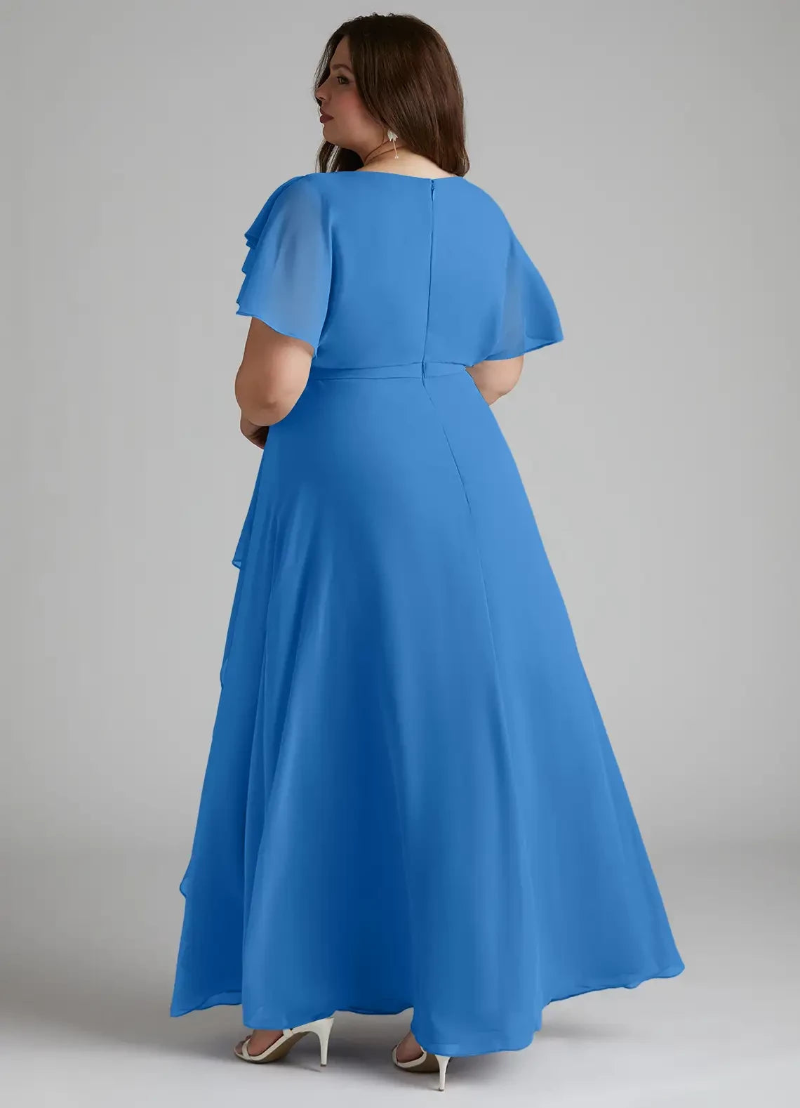 Glam Plus Size A Line Boat Neck Ruffle Sleeve Zipper Back Floor Length Bridesmaid Dress