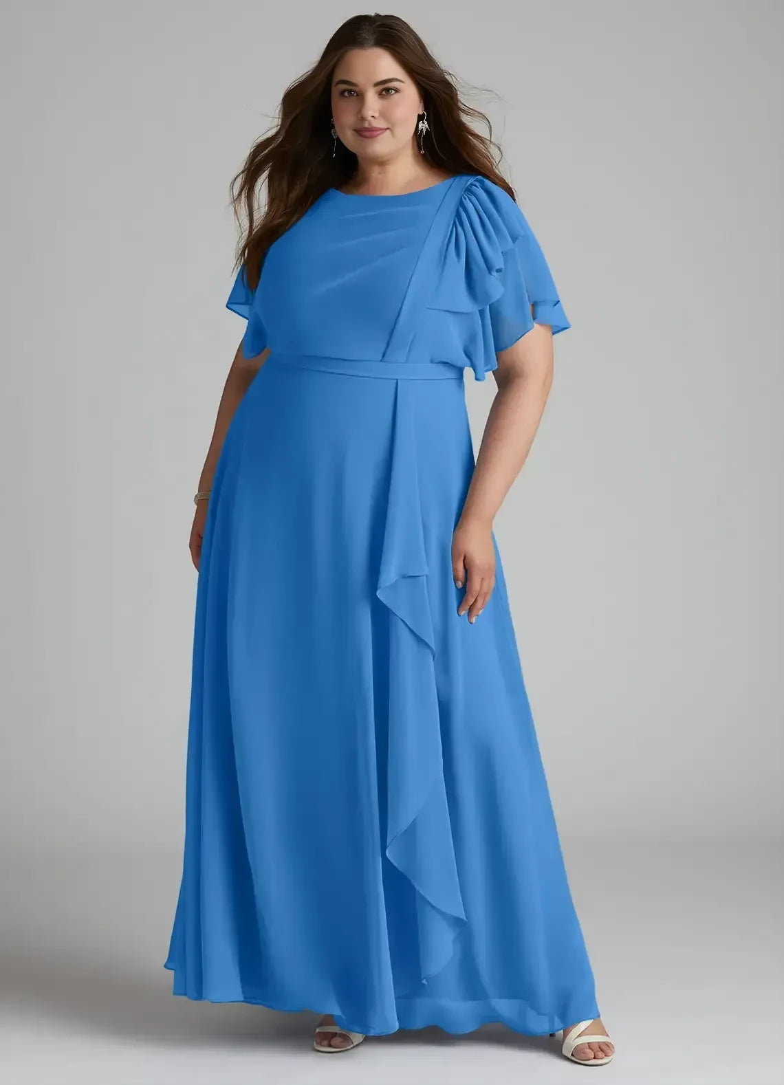 Glam Plus Size A Line Boat Neck Ruffle Sleeve Zipper Back Floor Length Bridesmaid Dress