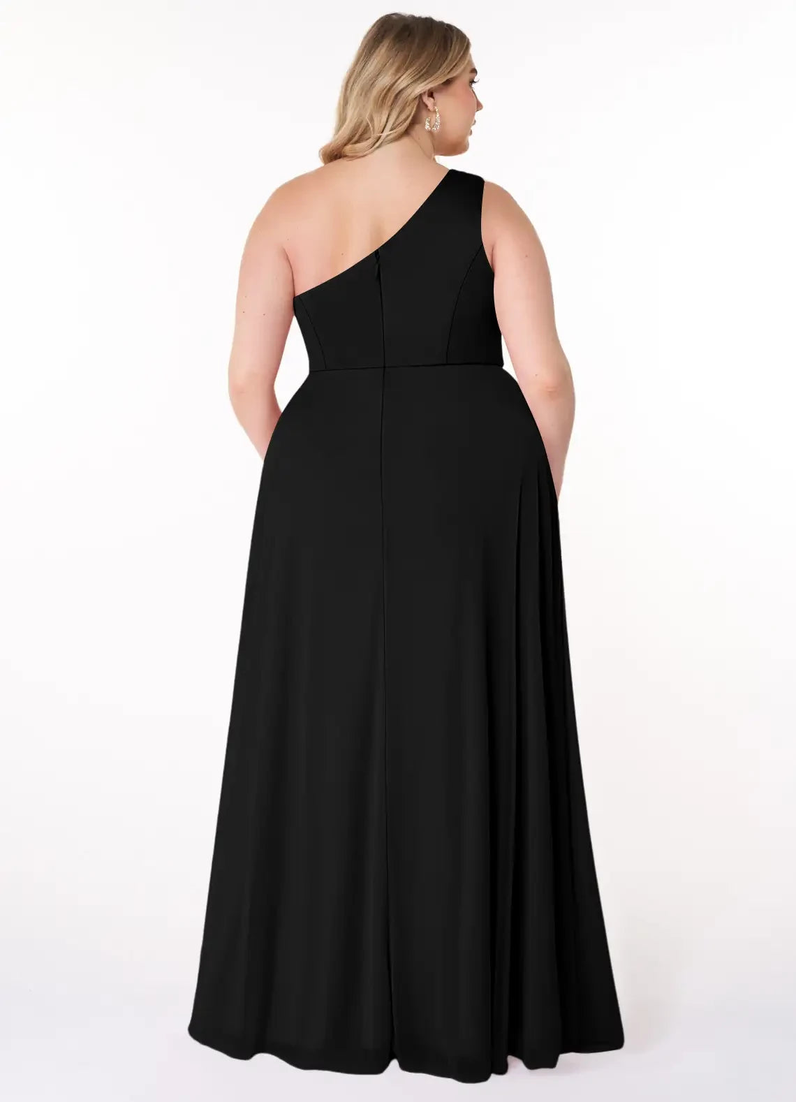 Glam Plus Size One Shoulder Sleeveless Zipper Back Floor Length Bridesmaid Dress