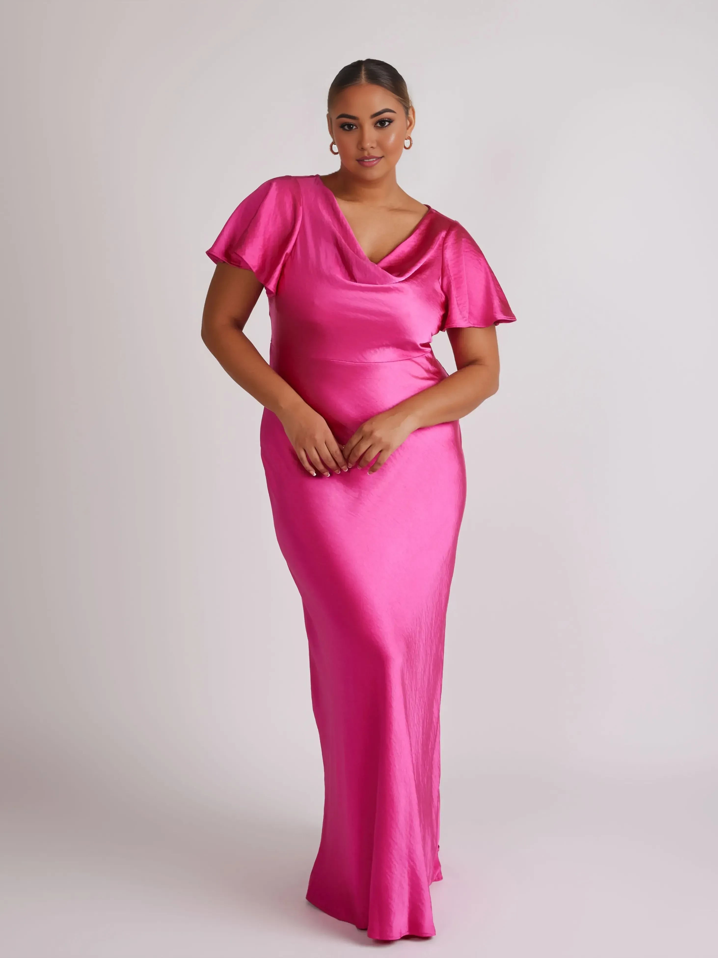 Glam Plus Size Sheath Cowl Neck Flutter Sleeve Zipper Back Floor Length Bridesmaid Dress