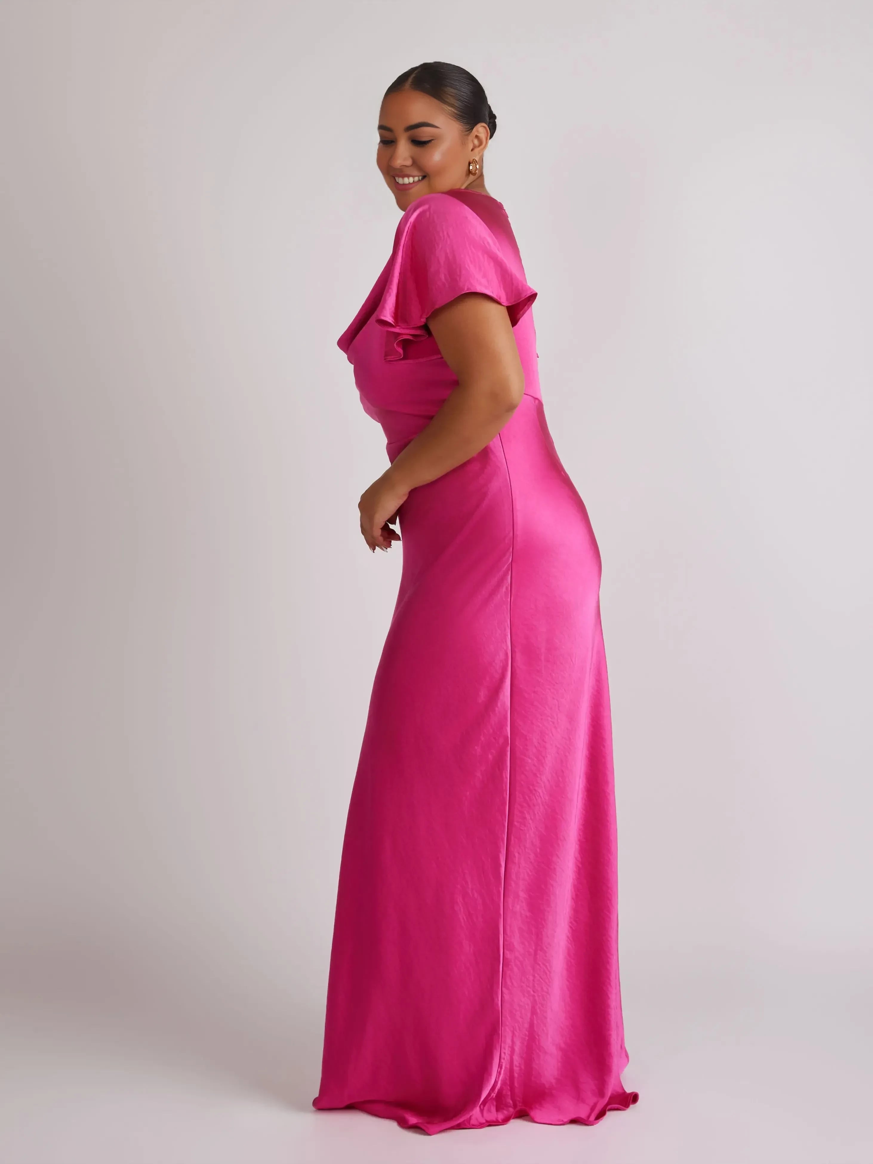 Glam Plus Size Sheath Cowl Neck Flutter Sleeve Zipper Back Floor Length Bridesmaid Dress