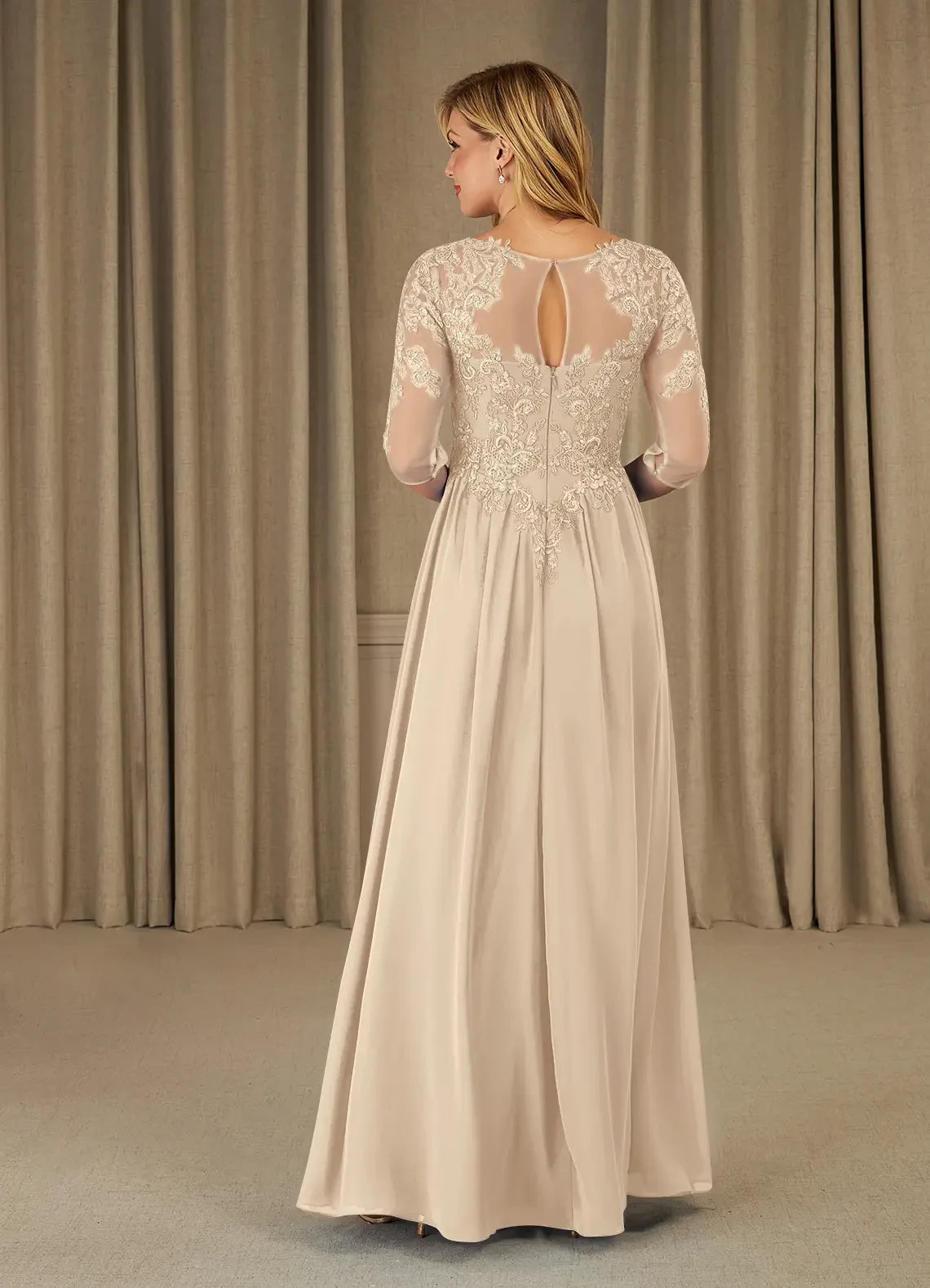 Glamorous A Line Boat Neck Three Quarter Lace Sleeve Keyhole Back Floor Length Mother of the Bride Dress