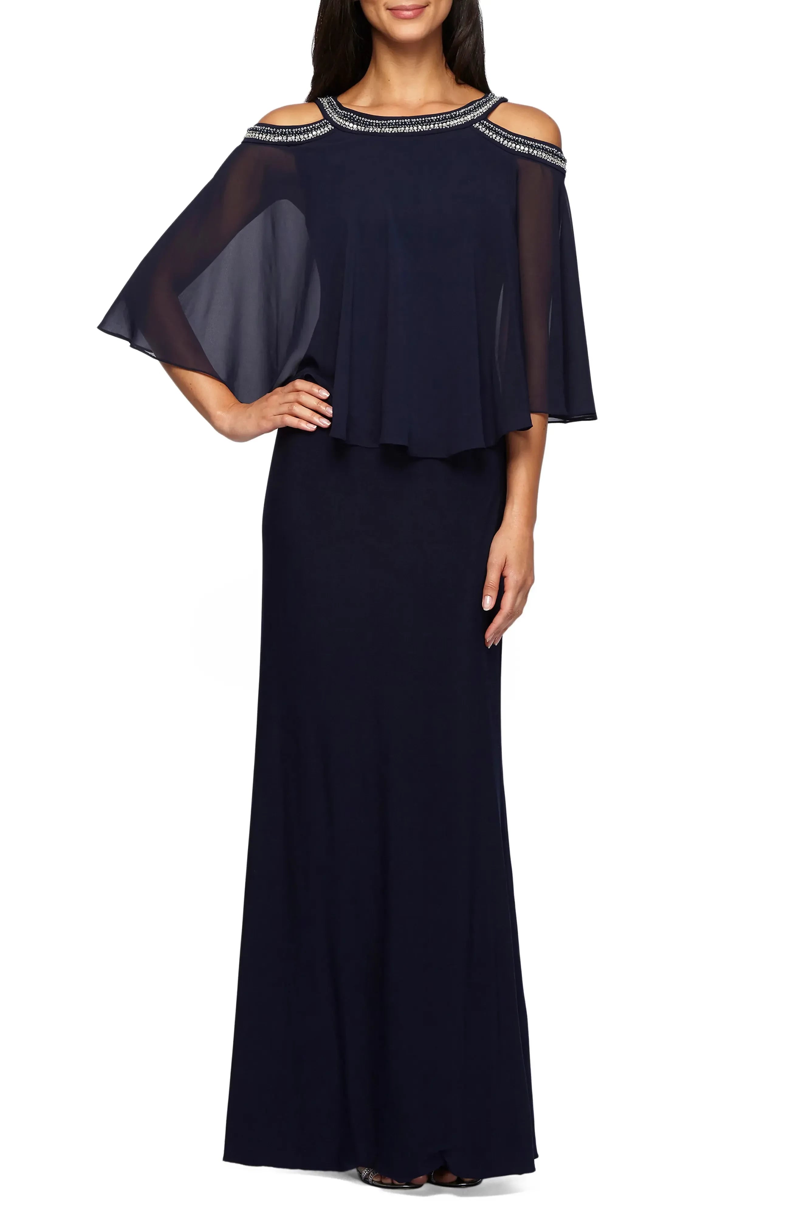 Glamorous A Line Cold Shoulder Cape Sleeve Plain Back Floor Length Evening Dress