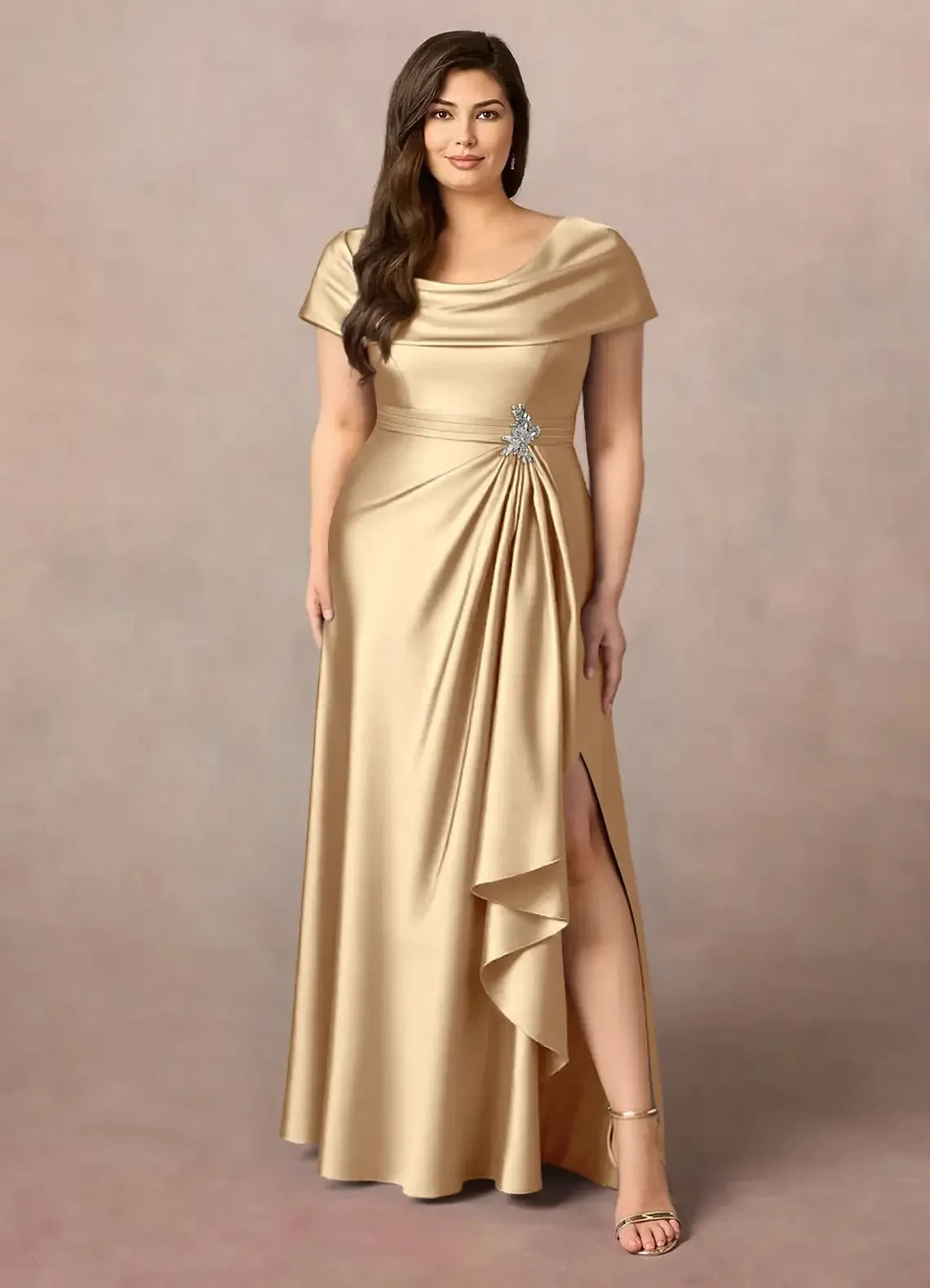 Glamorous A - Line Cowl Neck Cap Sleeve Zip Back Plus Size Floor Length Mother of the Bride Dress