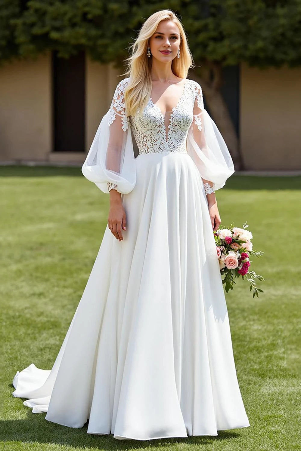 Glamorous A Line Deep V Neck Puff Sleeve Open Back Floor Length Wedding Dress