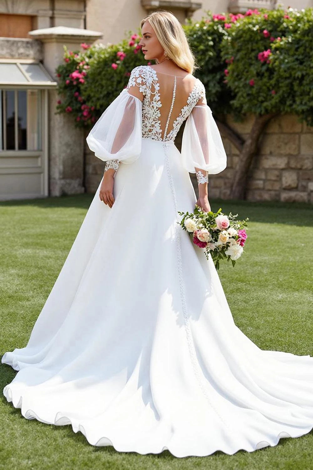 Glamorous A Line Deep V Neck Puff Sleeve Open Back Floor Length Wedding Dress
