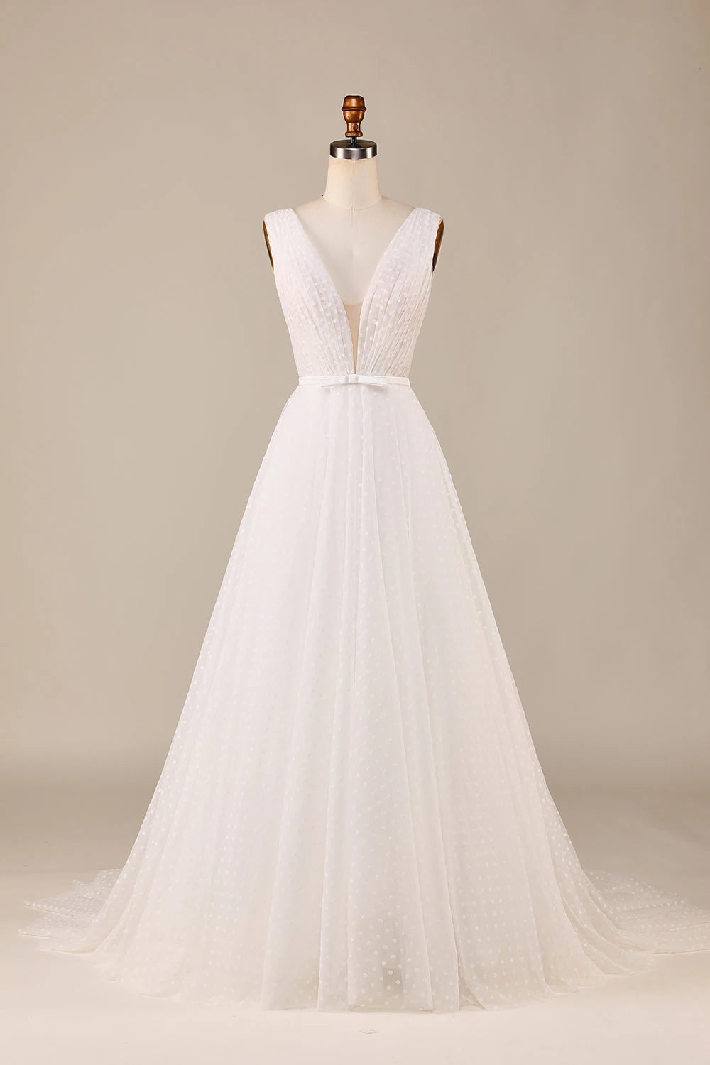 Glamorous A Line Deep V Neck Sleeveless Bow Shoulder Back Maxi Wedding Dress