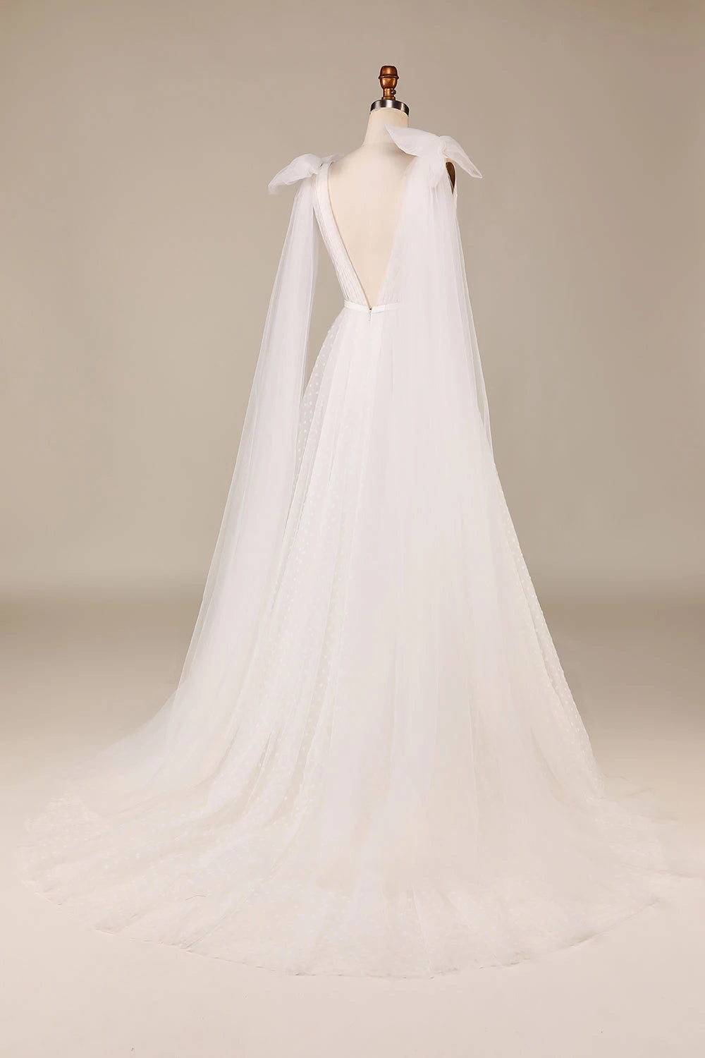 Glamorous A Line Deep V Neck Sleeveless Bow Shoulder Back Maxi Wedding Dress