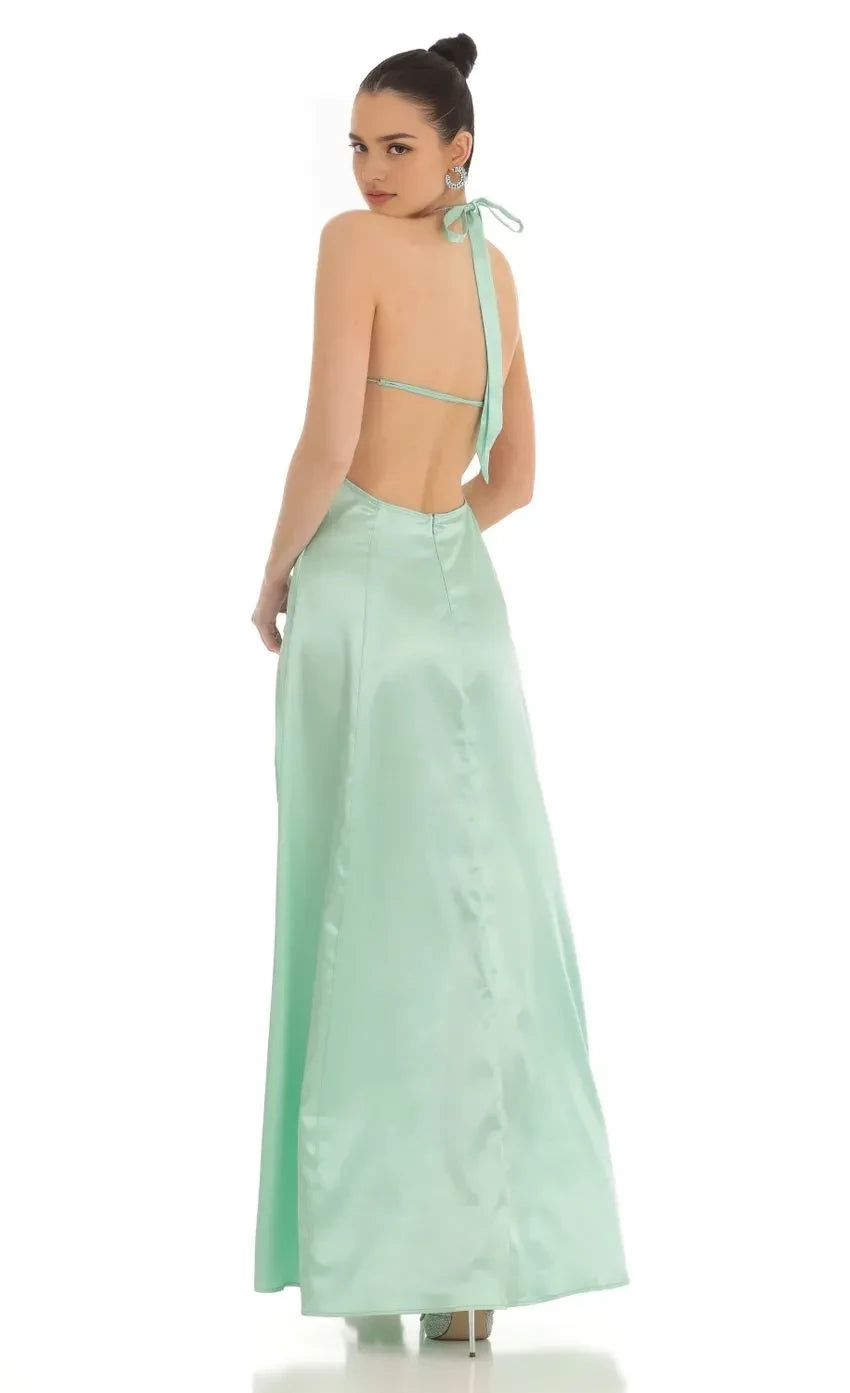 Glamorous A Line Halter Neck Sleeveless Tie Back Floor Length Evening Dress