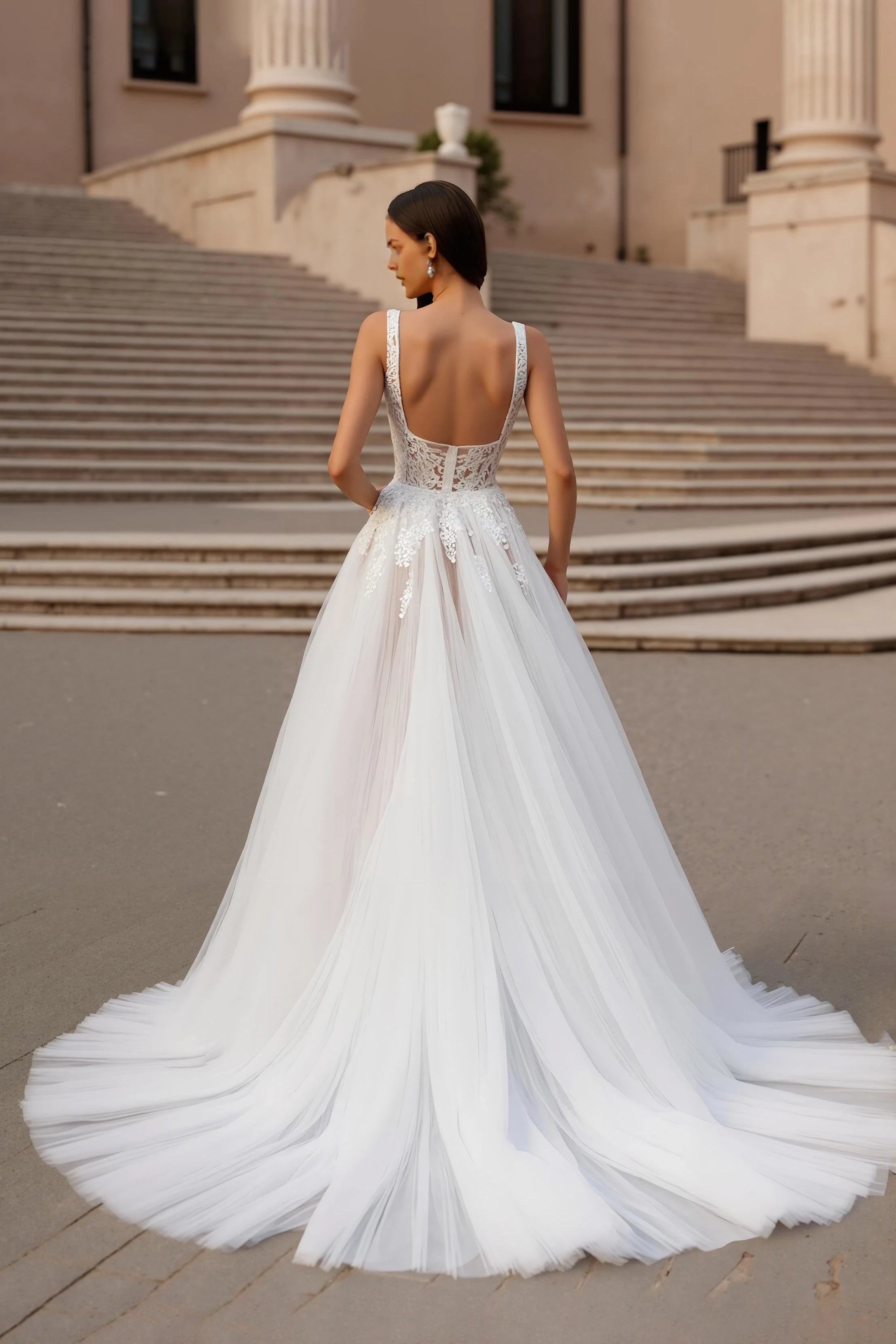 Glamorous A Line Square Neck Sleeveless Open Back Floor Length Wedding Dress