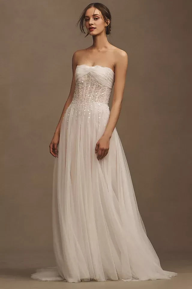 Glamorous A Line Strapless Sleeveless Zipper Back Floor Length Wedding Dress