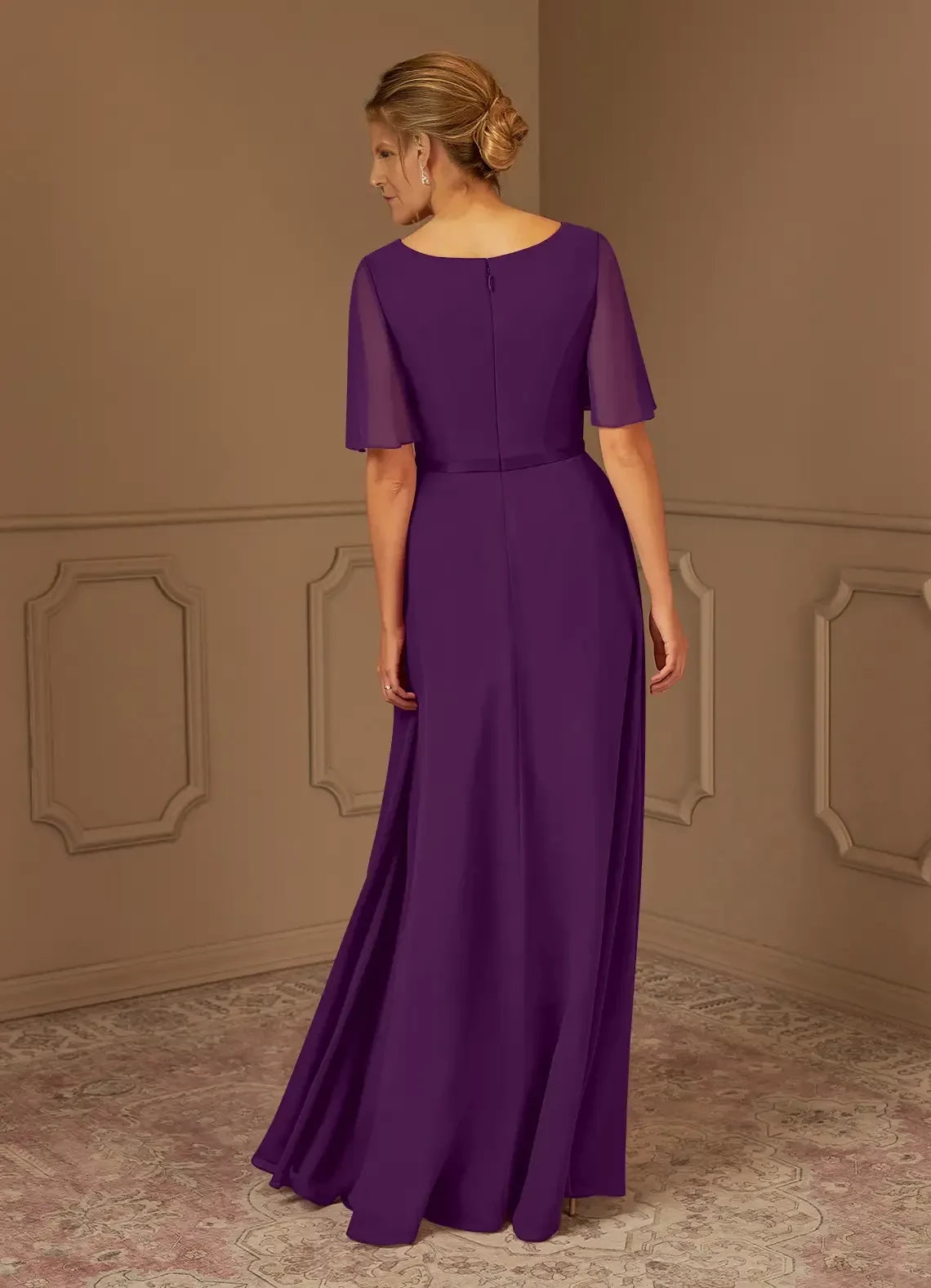 Glamorous A  Line V Neck Flutter Sleeve Zip Back Floor Length Mother of the Bride Dress