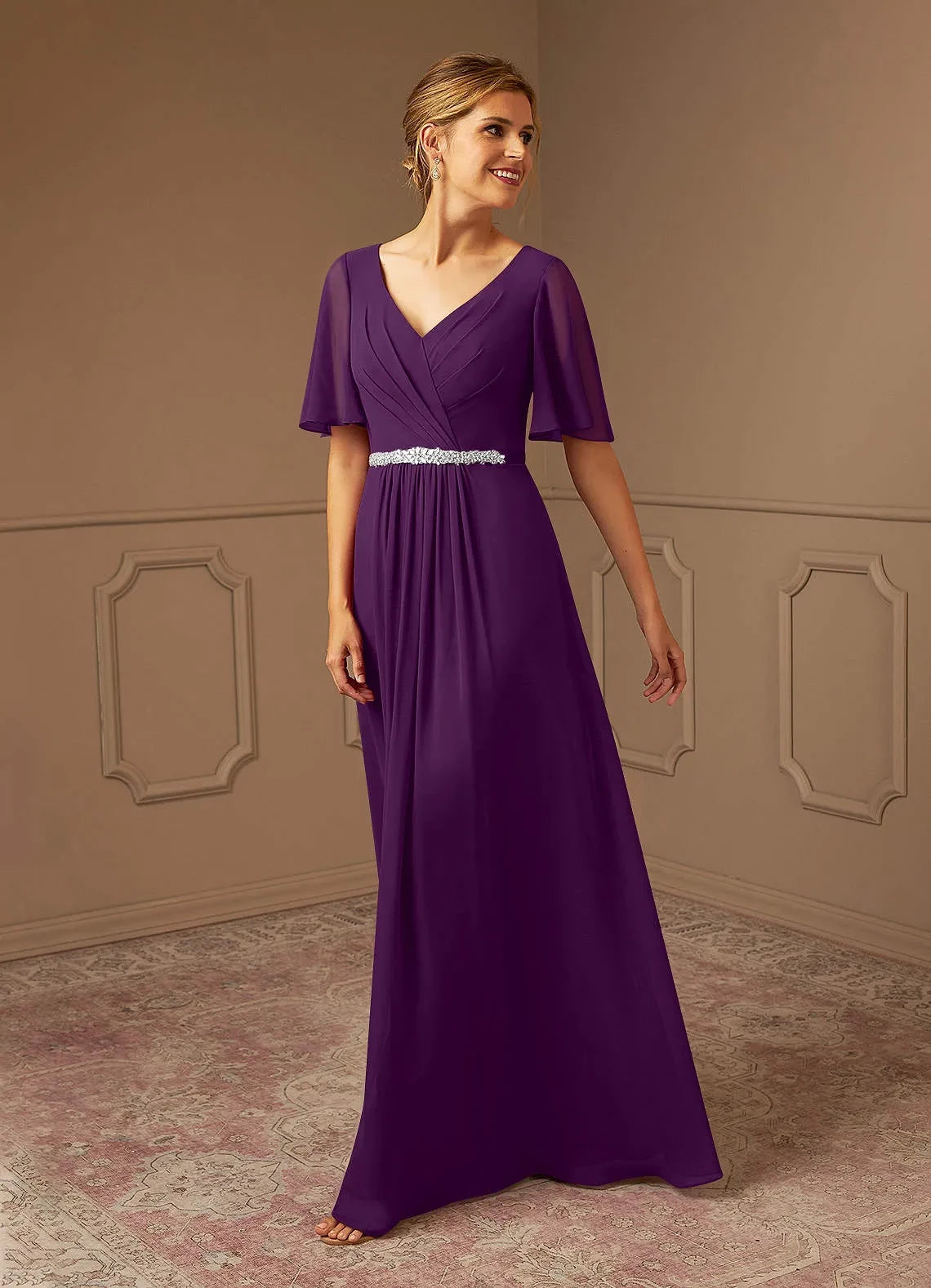 Glamorous A  Line V Neck Flutter Sleeve Zip Back Floor Length Mother of the Bride Dress