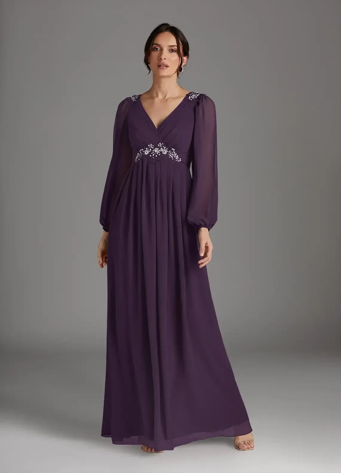 Glamorous A Line V Neck Long Sleeve Zipper Back Floor Length Mother of the Bride Dress