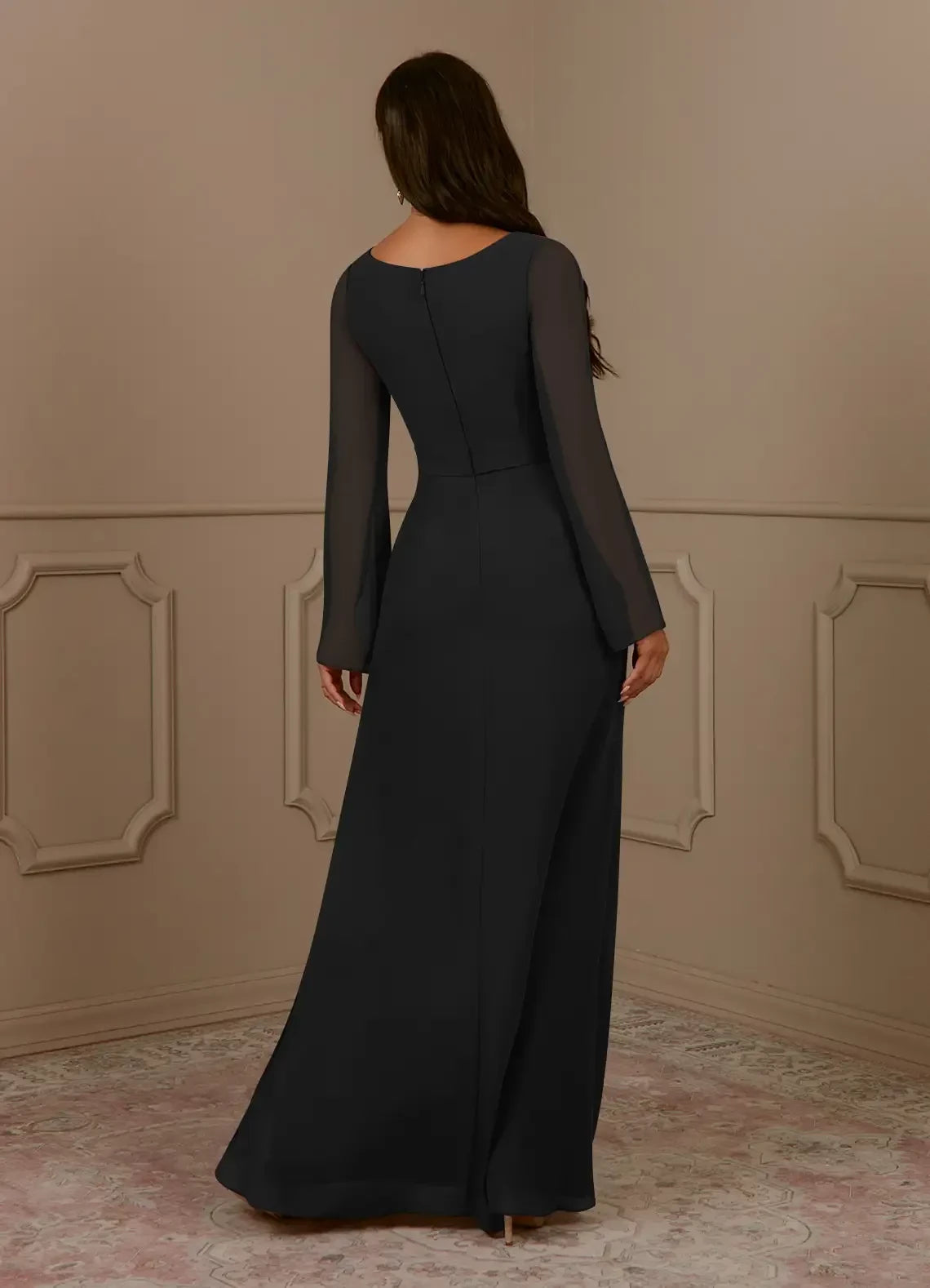 Glamorous A Line V Neck Sheer Long Sleeve Zip Back Floor Length Mother of the Bride Dress