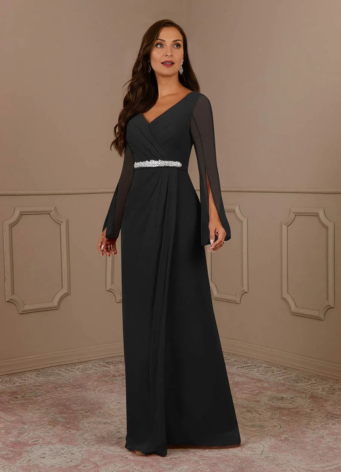 Glamorous A Line V Neck Sheer Long Sleeve Zip Back Floor Length Mother of the Bride Dress