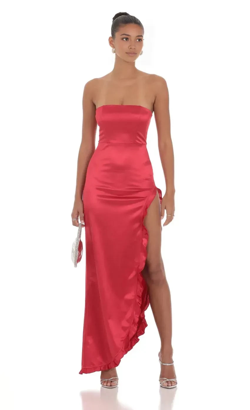 Glamorous Asymmetrical Strapless Sleeveless Plain Back High Low Evening Dress