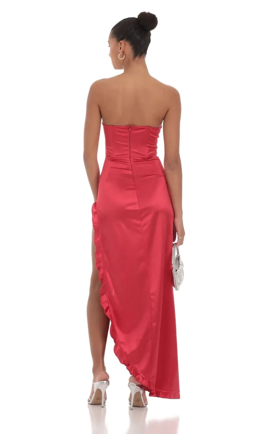 Glamorous Asymmetrical Strapless Sleeveless Plain Back High Low Evening Dress