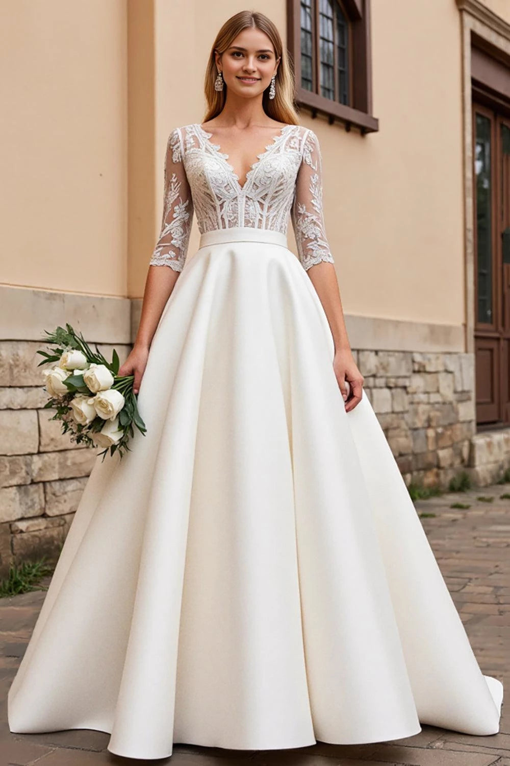 Glamorous Ball Gown Deep V Neck Lace Half Sleeve Plunging Back Floor Length Wedding Dress