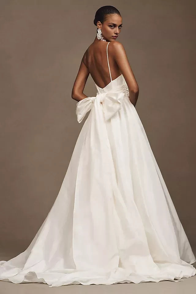 Glamorous Ball Gown Deep V Neck Sleeveless Bow Back Floor Length Wedding Dress