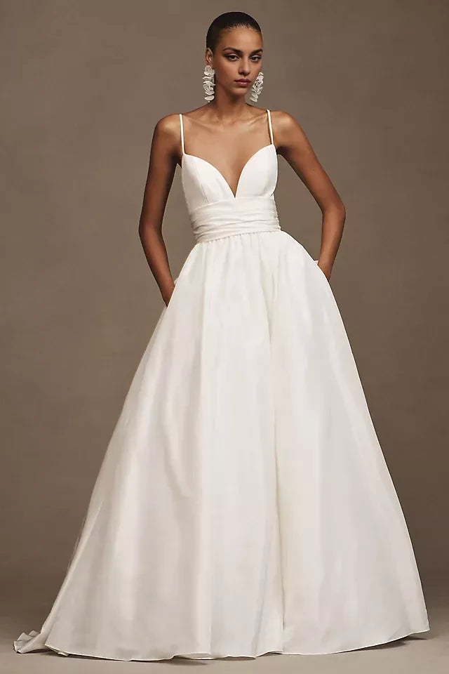 Glamorous Ball Gown Deep V Neck Sleeveless Bow Back Floor Length Wedding Dress