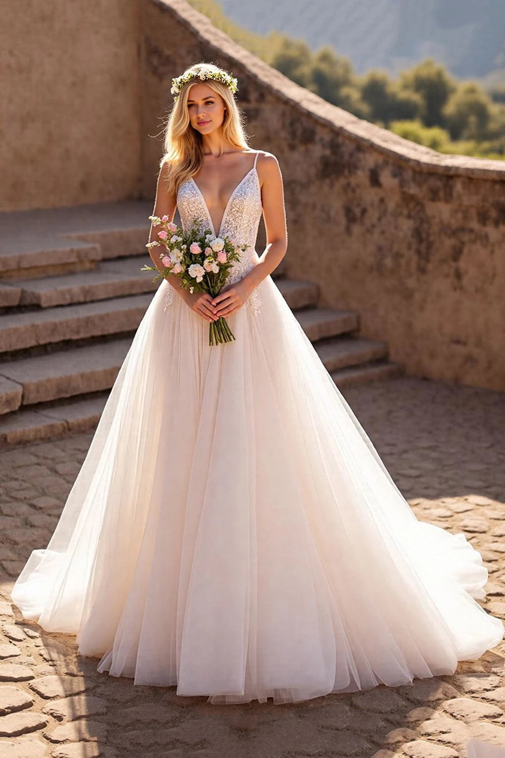 Glamorous Ball Gown Deep V Neck Spaghetti Strap Open Back Floor Length Wedding Dress