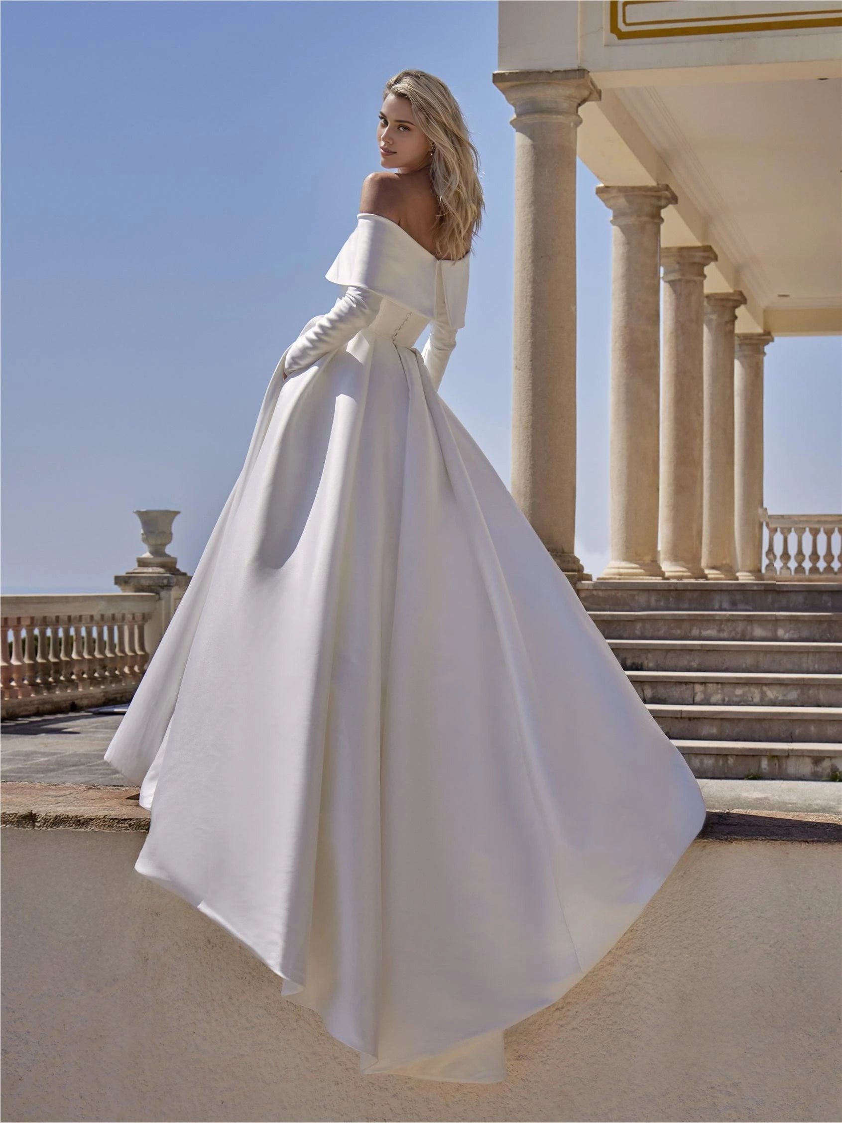 Glamorous Ball Gown Off The Shoulder Long Sleeve Zip Back Floor Length Wedding Dress