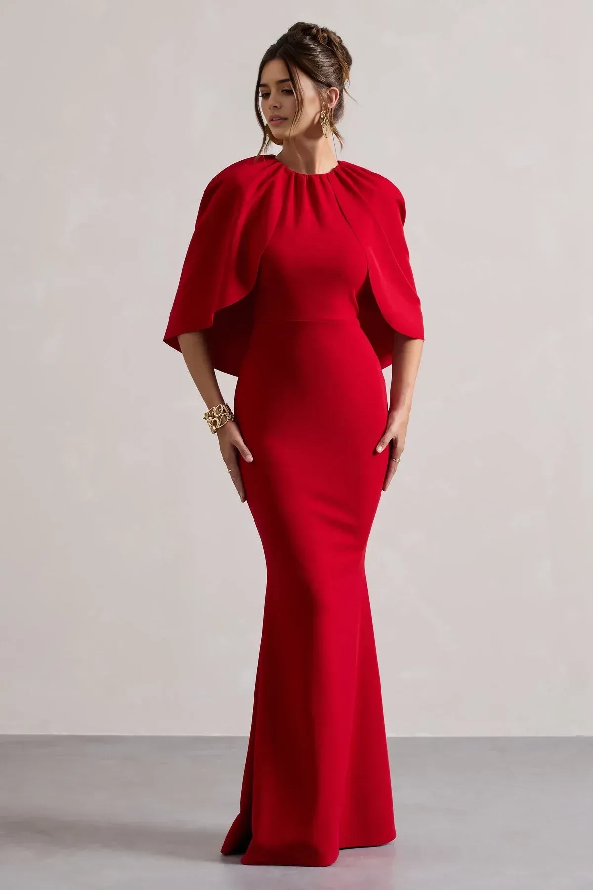 Glamorous Mermaid Crew Neck Cape Sleeve Zipper Back Floor Length Evening Dress