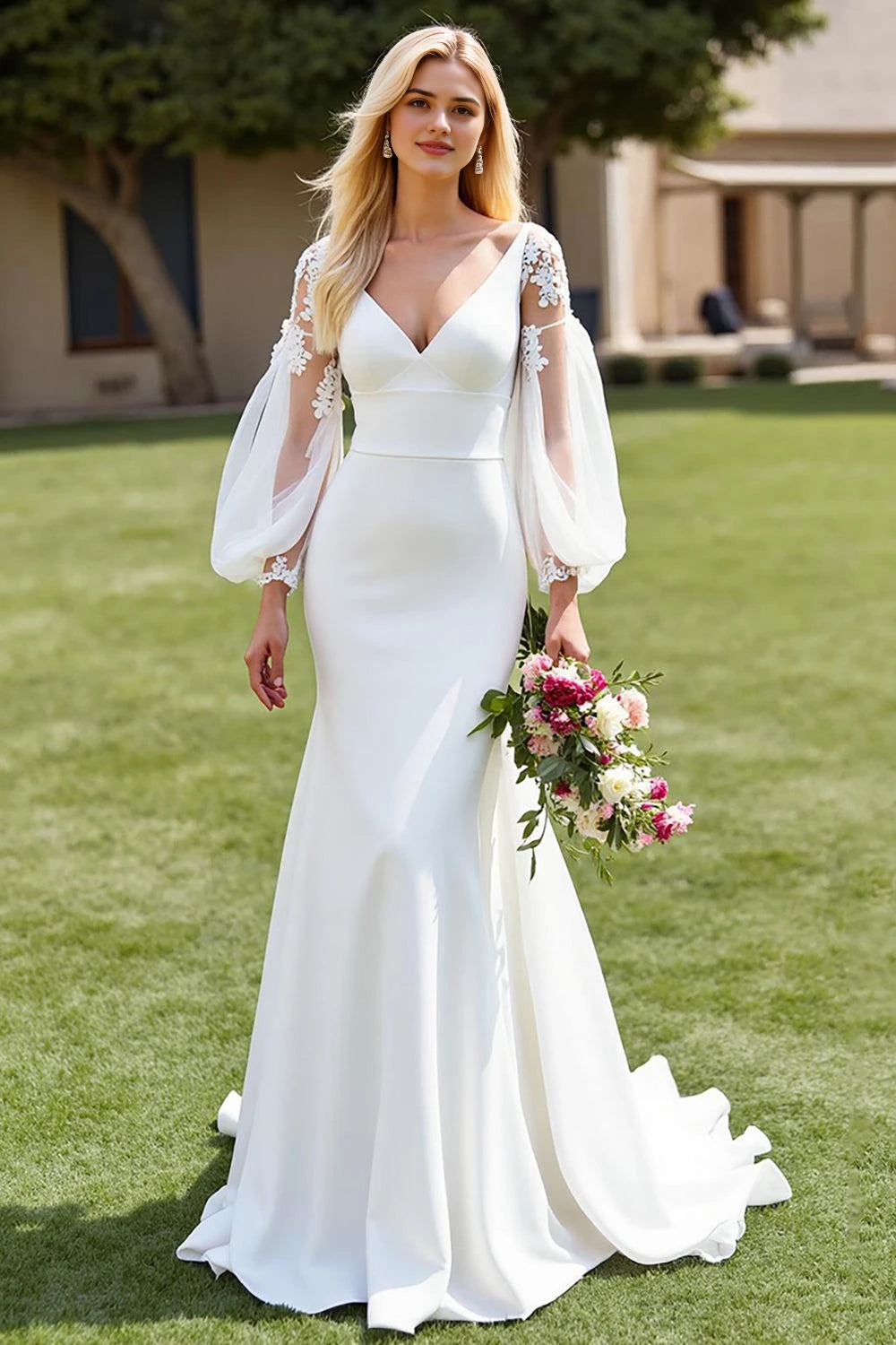 Glamorous Mermaid Deep V Neck Bishop Sleeve Open Back Floor Length Wedding Dress