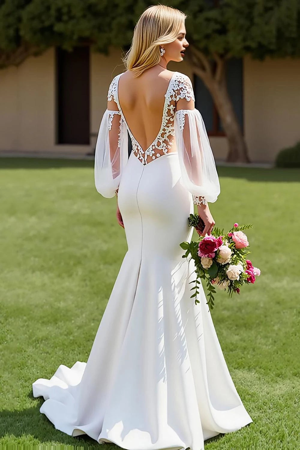 Glamorous Mermaid Deep V Neck Bishop Sleeve Open Back Floor Length Wedding Dress