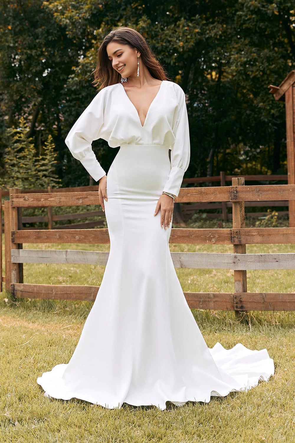 Glamorous Mermaid Deep V Neck Bishop Sleeve Tie Back Maxi Wedding Dress