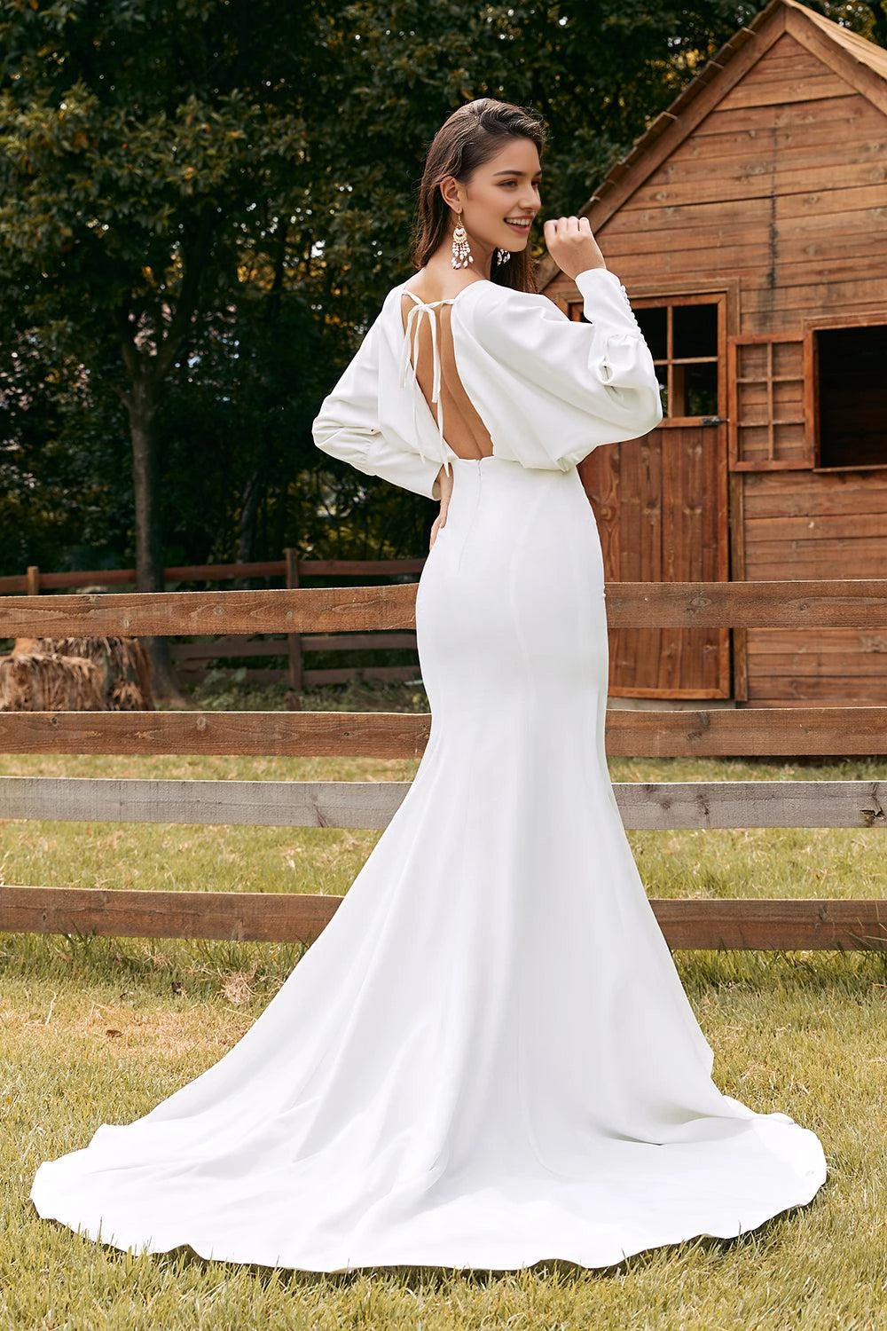 Glamorous Mermaid Deep V Neck Bishop Sleeve Tie Back Maxi Wedding Dress