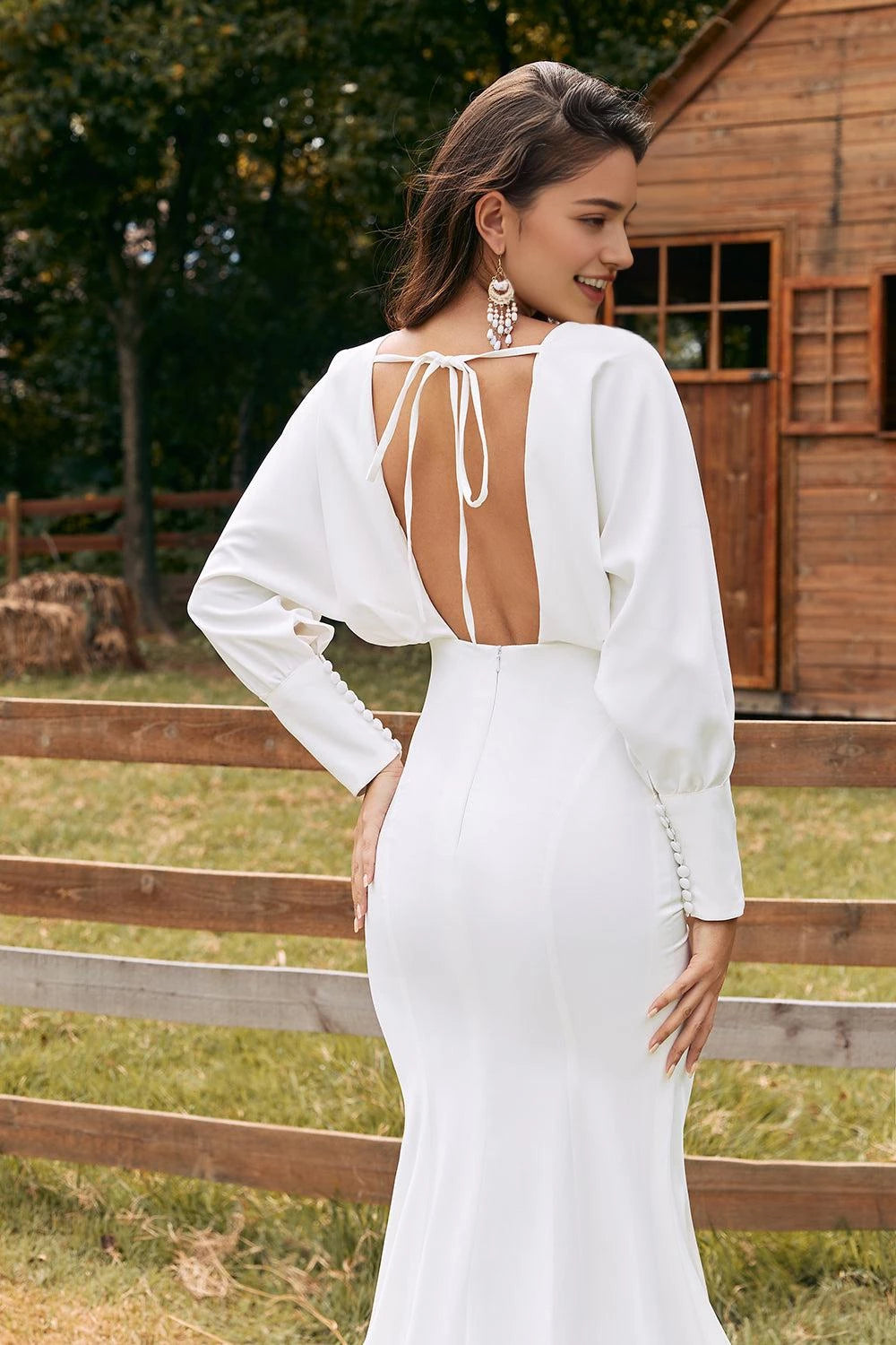 Glamorous Mermaid Deep V Neck Bishop Sleeve Tie Back Maxi Wedding Dress