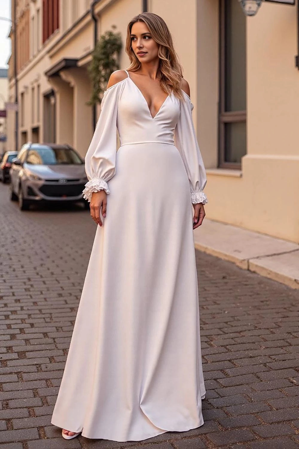 Glamorous Mermaid Deep V Neck Cold Shoulder Long Sleeve Open Back Floor Length Wedding Dress